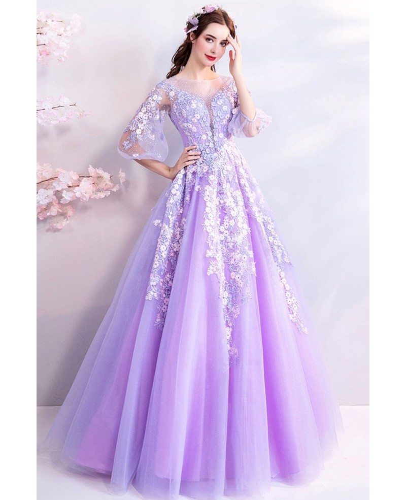 Fairy Purple Flowers Long Tulle Prom Dress With Sheer Sleeves Wholesale