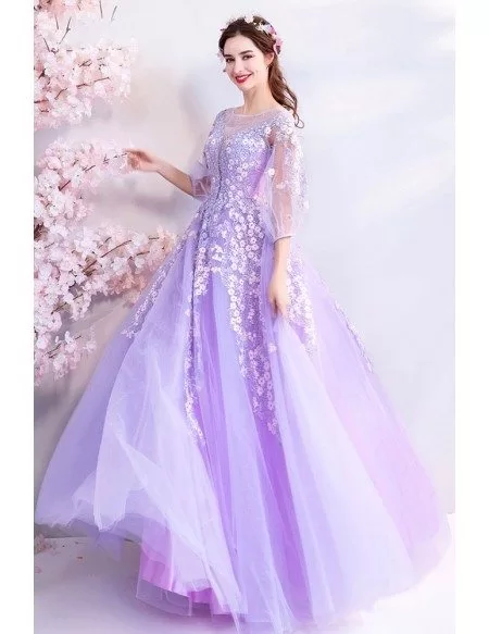 Fairy Purple Flowers Long Tulle Prom Dress With Sheer Sleeves Wholesale ...