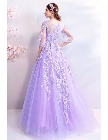 Fairy Purple Flowers Long Tulle Prom Dress With Sheer Sleeves