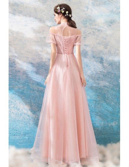 Flowy Long Pink Tulle Prom Dress With Appliques Sheer Neckline