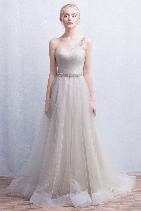 Graceful A-Line One-Shoulder Floor-length Tulle Wedding Dress With ...