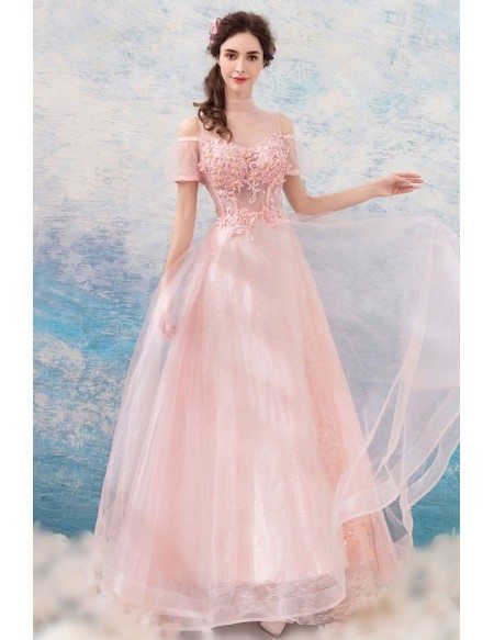 Flowy Long Pink Tulle Prom Dress With Appliques Sheer Neckline