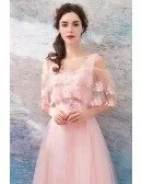 Lovely Pink Tulle Flowy Prom Dress With Cape Sleeves