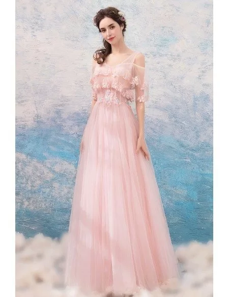 Lovely Pink Tulle Flowy Prom Dress With Cape Sleeves