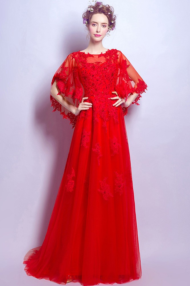 Elegant Long Red Lace Wedding Party Dress With Cape Sleeves Wholesale # ...