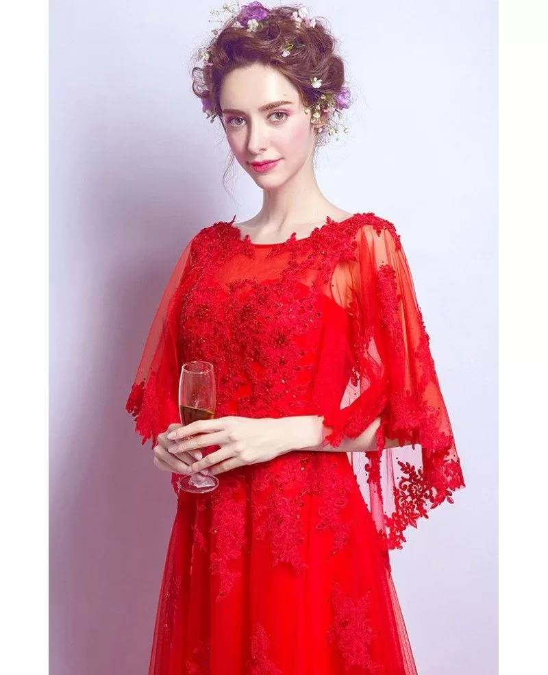 Elegant Long Red Lace Wedding Party Dress With Cape Sleeves Wholesale # ...