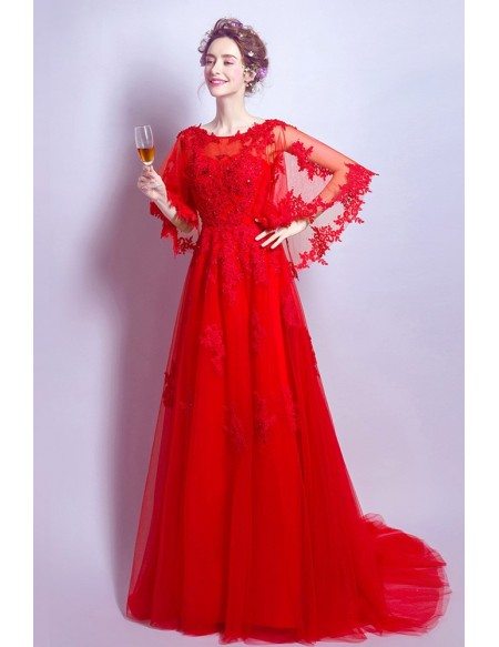 Elegant Long Red Lace Wedding Party Dress With Cape Sleeves