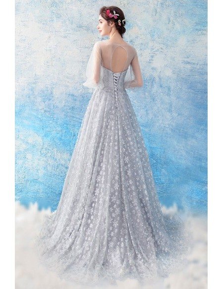 Elegant Long Grey Stars A Line Prom Dress With Sheer Sleeves