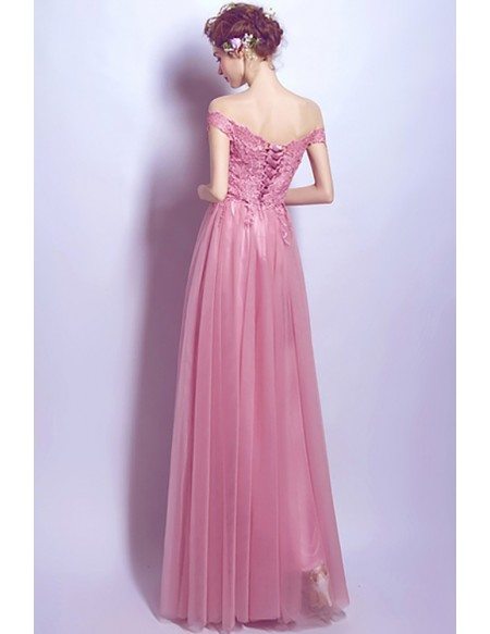 Flowy Long Pink Lace Off Shoulder Prom Dress A Line With Lace