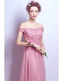 Flowy Long Pink Lace Off Shoulder Prom Dress A Line With Lace
