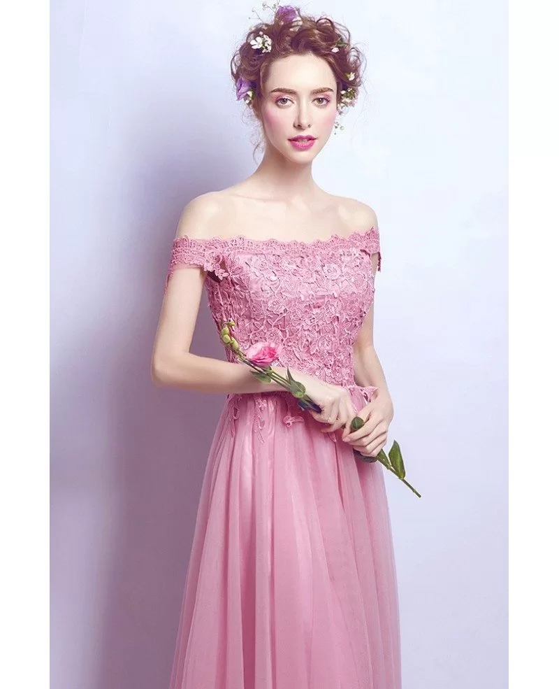 Flowy Long Pink Lace Off Shoulder Prom Dress A Line With Lace Wholesale ...
