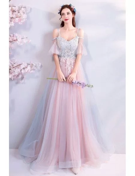 Fairy Dusty Blue And Pink Tulle Unique Prom Dress Long With Straps ...
