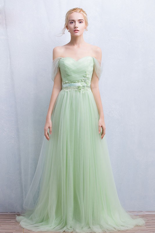 mint green off the shoulder bridesmaid dress BABARONI Chiffon Off Shoulder Dresses with Slit-Mint Green Plus Size, Mint Green / US18 main image 0