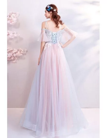 Fairy Dusty Blue And Pink Tulle Unique Prom Dress Long With Straps ...