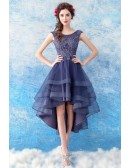 Blue Tulle Ruffled High Low Short Prom Dress With Beading