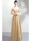 Elegant Champagne Gold A Line Long Formal Dress Sparkly With Off Shoulder