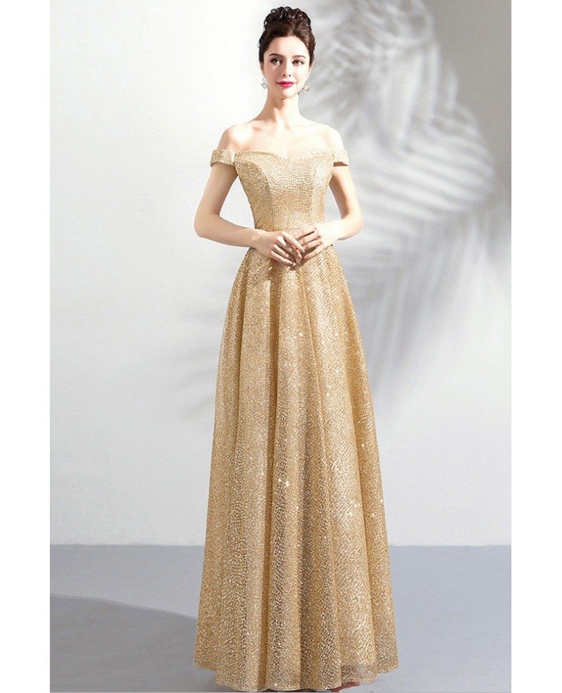 Elegant Champagne Gold A Line Long Formal Dress Sparkly With Off Shoulder Wholesale T69121 Gemgrace Com