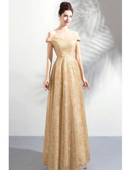 Elegant Champagne Gold A Line Long Formal Dress Sparkly With Off Shoulder