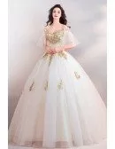 Luxury White With Gold Embroidery Ball Gown Court Wedding Dress With Sleeves