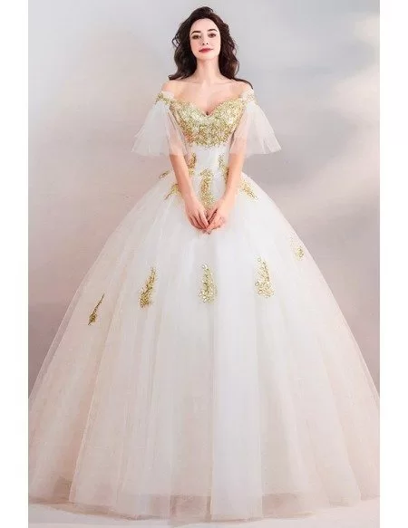 Luxury White With Gold Embroidery Ball Gown Court Wedding Dress With Sleeves
