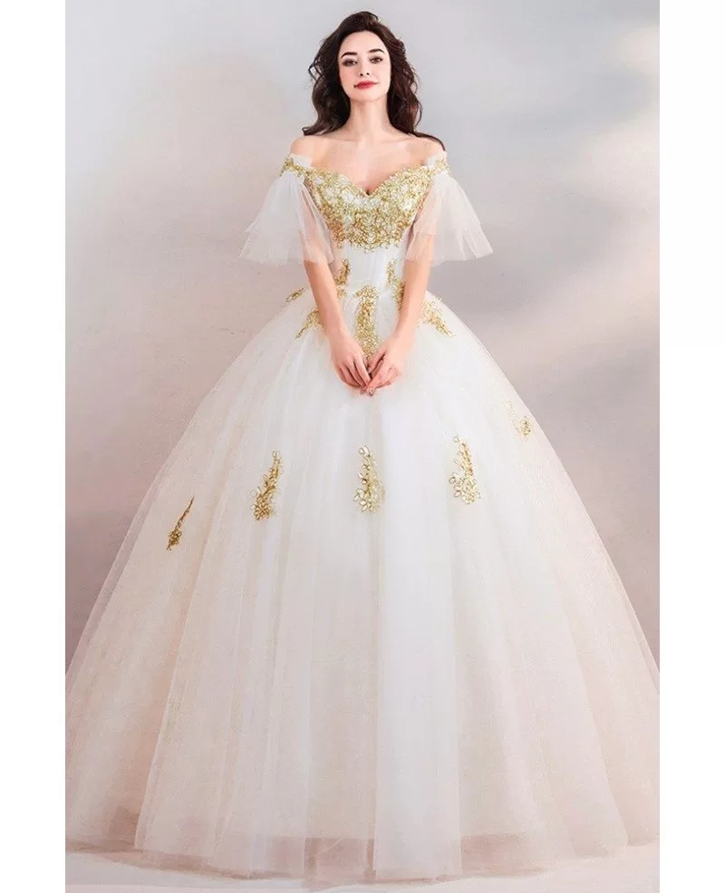 Luxury White With Gold Embroidery Ball Gown Court Wedding Dress With