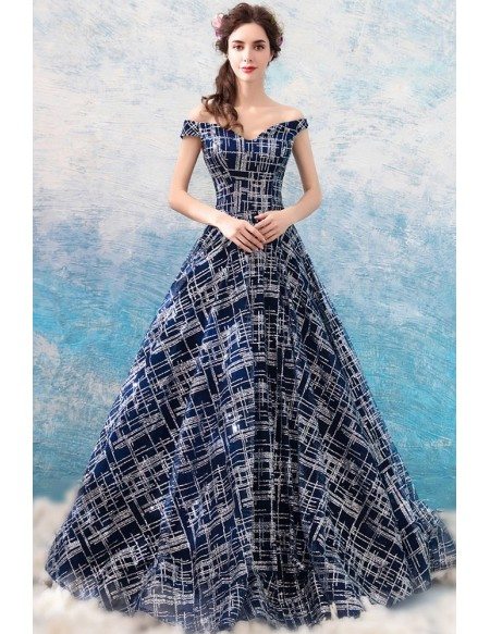 Dreamy Navy Blue Bling Formal Prom Dress Off Shouler With Sequins
