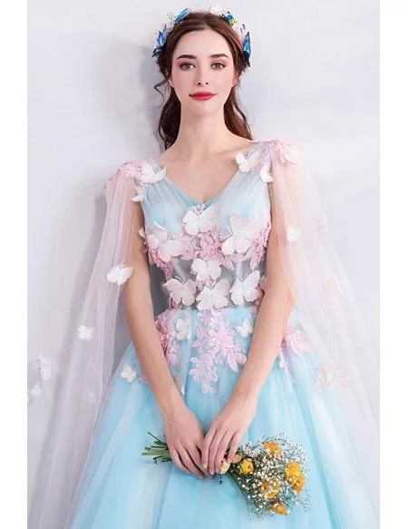 Fairy Butterfly Blue Formal Long Prom Dress With Petals Cape