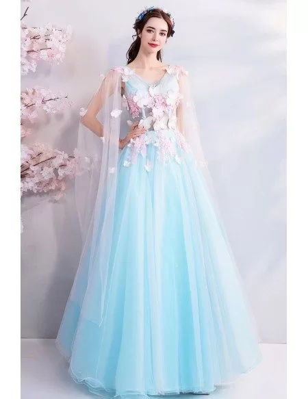 Fairy Butterfly Blue Formal Long Prom Dress With Petals Cape Wholesale ...