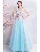 Fairy Butterfly Blue Formal Long Prom Dress With Petals Cape