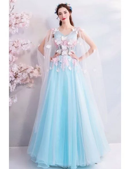 Fairy Butterfly Blue Formal Long Prom Dress With Petals Cape Wholesale ...