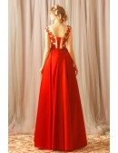 Formal Long Red Beaded Lace A Line Prom Dress With Cap Sleeves
