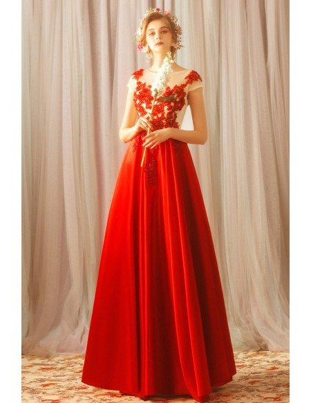 Formal Long Red Beaded Lace A Line Prom Dress With Cap Sleeves