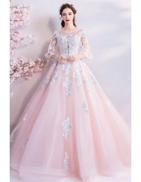 Dremy Princess Pink Ball Gown Formal Dress With Sleeves Sequins ...