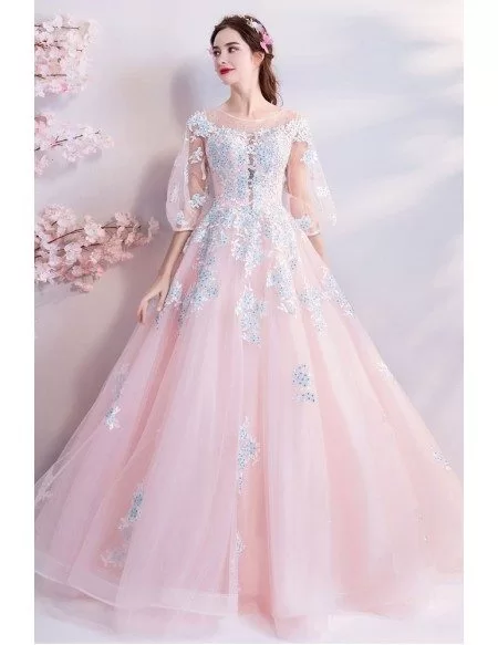 Dremy Princess Pink Ball Gown Formal Dress With Sleeves Sequins