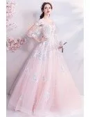 Dremy Princess Pink Ball Gown Formal Dress With Sleeves Sequins