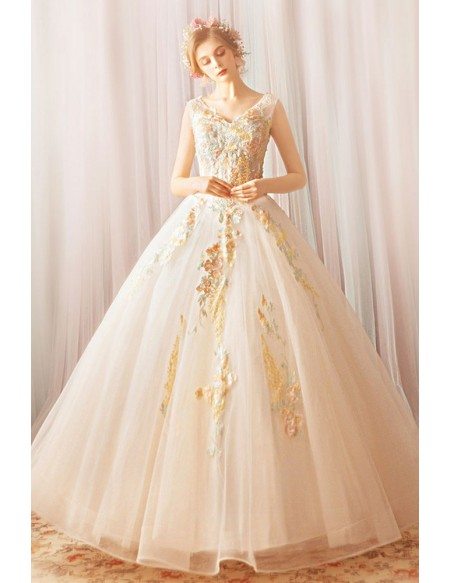 Unique Fairy Flowers Formal Ball Gown Prom Dress With Embroidery