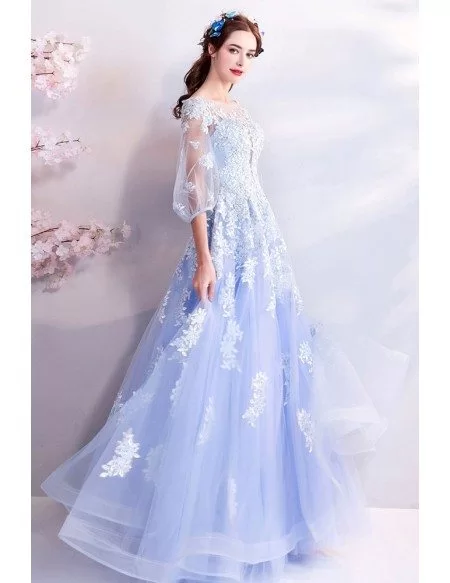 Gorgeous Light Blue Poofy Long Tulle Prom Dress With Sleeves Wholesale ...