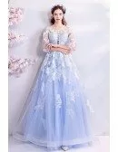 Gorgeous Light Blue Poofy Long Tulle Prom Dress With Sleeves