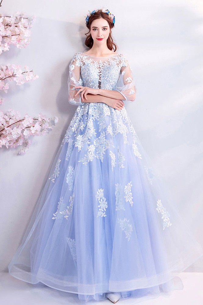 Gorgeous Light Blue Poofy Long Tulle Prom Dress With Sleeves Wholesale ...