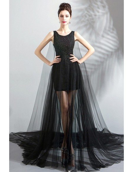 Fancy See Through Black Tulle Formal Prom Dress With Long Train