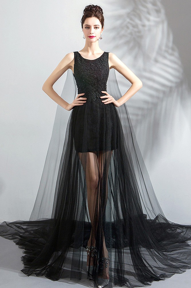 Fancy See Through Black Tulle Formal Prom Dress With Long Train ...