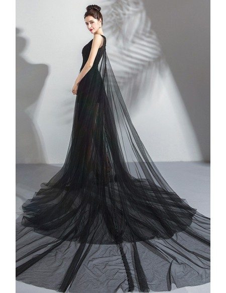 Fancy See Through Black Tulle Formal Prom Dress With Long Train