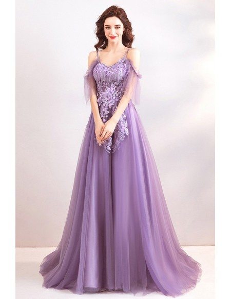 Classy Dusty Purple Long Tulle Prom Dress With Flowers Straps Wholesale ...