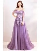 Classy Dusty Purple Long Tulle Prom Dress With Flowers Straps