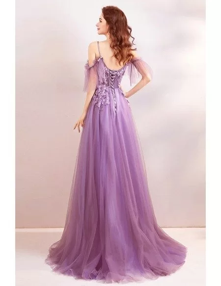 Classy Dusty Purple Long Tulle Prom Dress With Flowers Straps