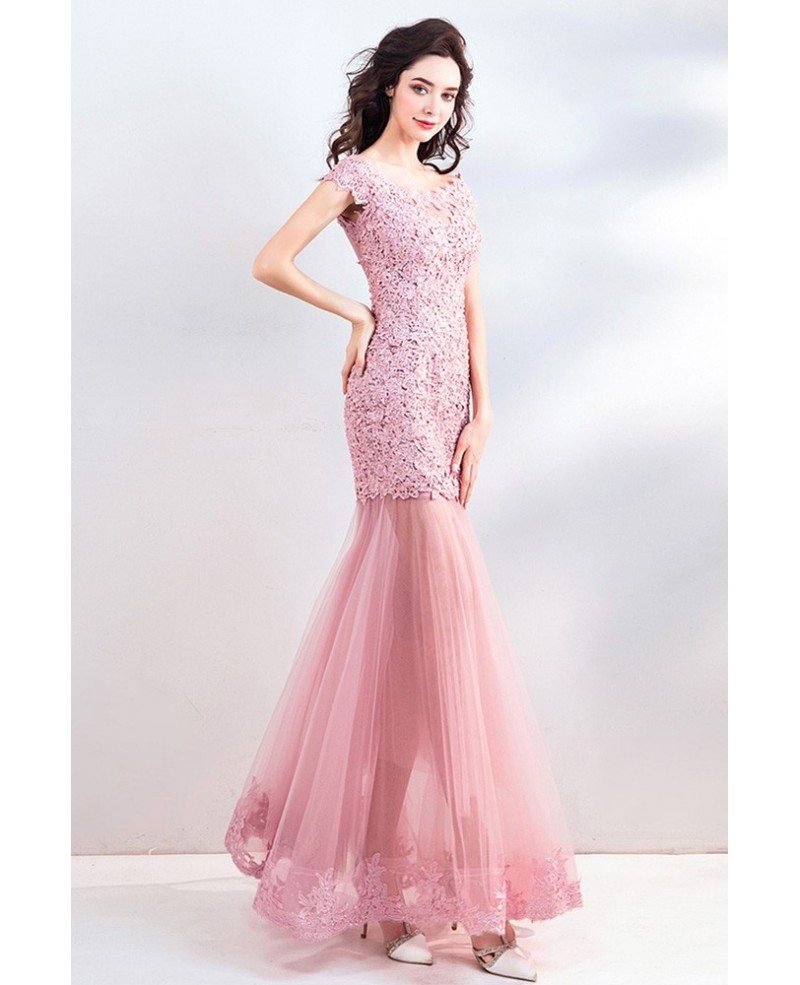 Beaded Lace Pink Tulle Fitted Mermaid Long Party Dress Wholesale # ...