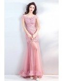 Beaded Lace Pink Tulle Fitted Mermaid Long Party Dress