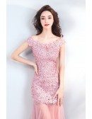 Beaded Lace Pink Tulle Fitted Mermaid Long Party Dress