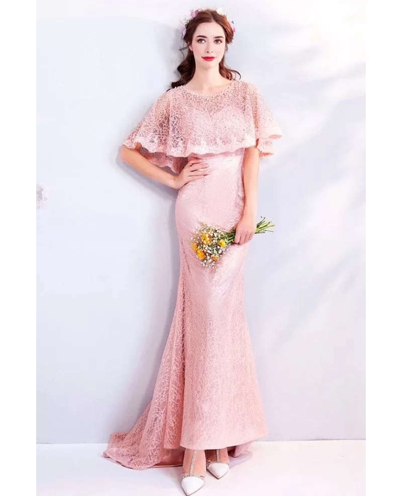 Elegant Pink Long Lace Mermaid Wedding Party Dress With Cape Sleeves ...