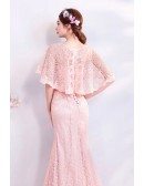 Elegant Pink Long Lace Mermaid Wedding Party Dress With Cape Sleeves